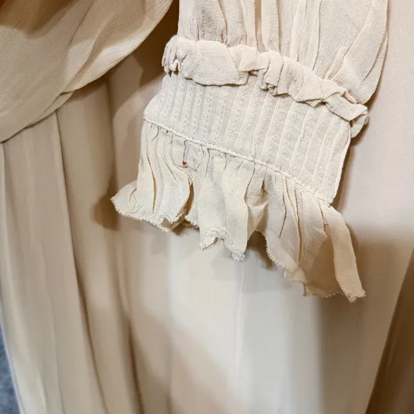 Anthropologie Cream Ruffled V-Neck Maxi Dress‎ Smocked Cuffs OB2095496 Womens M - Image 6