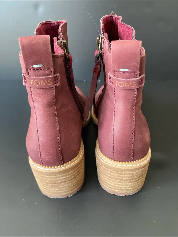 Toms Marina Leather Zip Chunky Heel Ankle Boots Plum Burgundy size 6 - Image 3