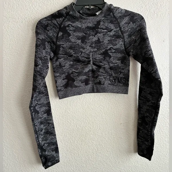 Gymshark Women's Adapt Black Camo Seamless Long Sleeve Crop Top M - Image 6