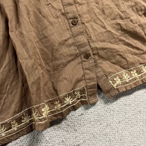 Burette Club Brown Embriodered Neckline & Sleeve Cottagecore Boho Button Blouse - Image 4