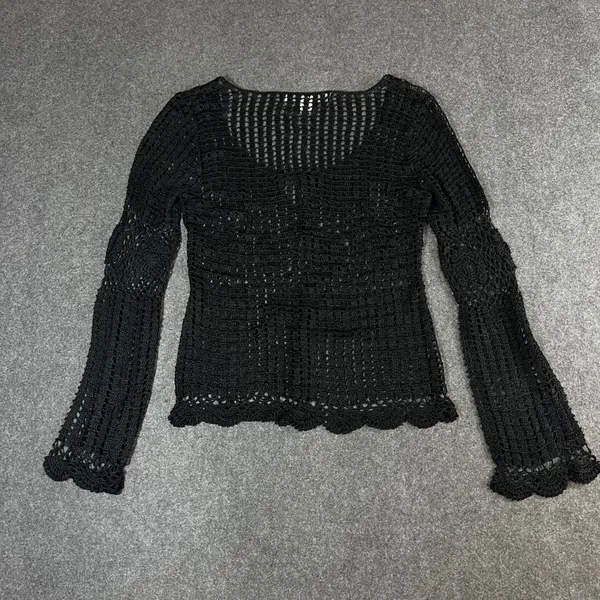 Bette Paige Black Crochet Cardigan XL Bell Sleeve Scallop Hem Boho Whimsigoth - Image 2
