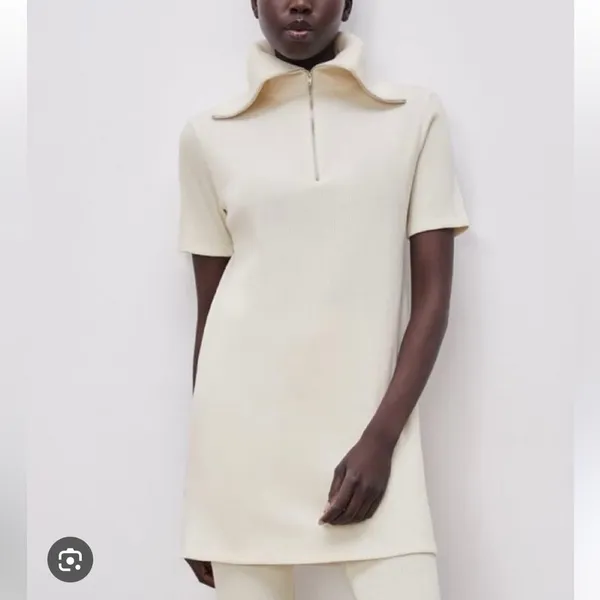 ZARA Sweater Dress Ivory Short Sleeves Quarter Zip Ribbed Knit Size Size M‎ - Image 2