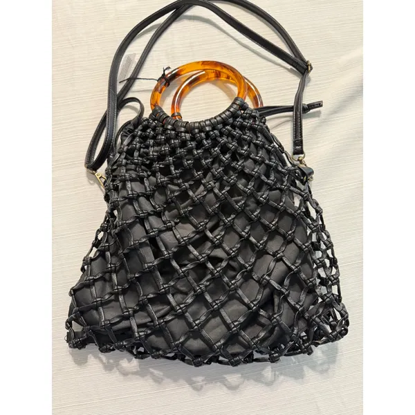 Anthropologie Black Macrame Net Bag‎ Tortoiseshell Ring Handle Crossbody Pouch - Image 5