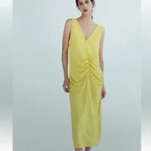 NWOT Zara Center Ruched Detail V-Neck Wide Straps Yellow Midi Dress Small - Image 6