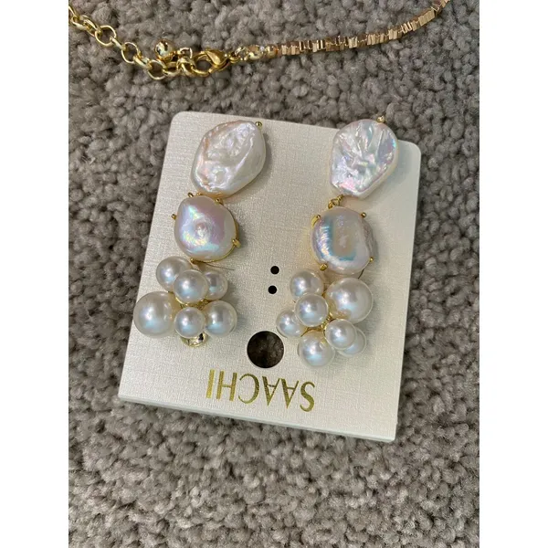 Saachi Gold Tone Irregular Pearl Necklace Bracelet Drop Earrings Set - Image 3