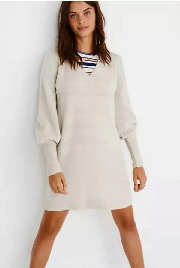 Madewell Wool Blend Oatmeal/Tan Balloon Sleeve V-neck Sweater Dress Size Large - Image 2