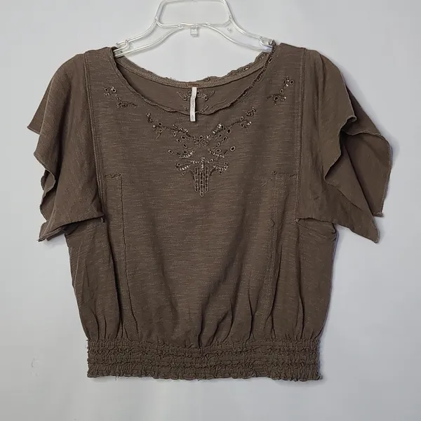 Free People slub embellished green gray crop top blouse sz Small - Image 2