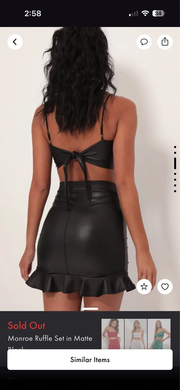 Lucy in the Sky Two-Piece Set Matte Black Faux Leather Skirt and Tie Back Top - Image 2