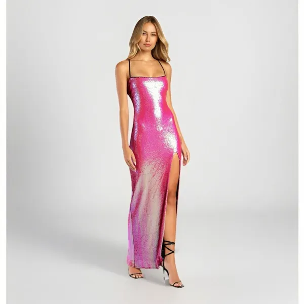 Lulus NWT Glam Diva Iridescent Hot Pink Sequin Lace-Up Maxi Dress Size Xs - Image 2