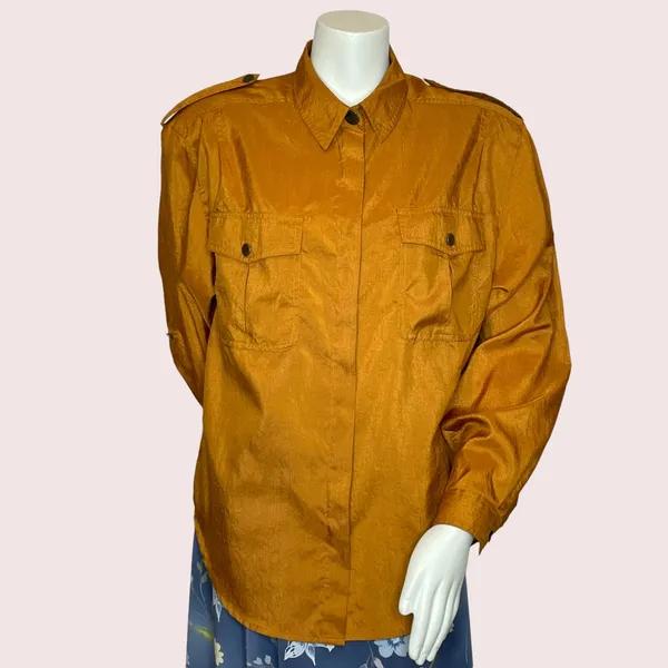 Vintage Copper‎ Blouse Epaulets Button-Up Crinkly Fabric Front Pockets Shirt Top - Image 2