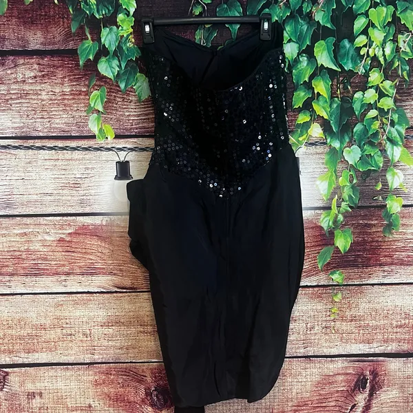 Vintage Tadashi Strapless Mini Dress Size 8 Black Sequins Giant Bow Flapper - Image 4