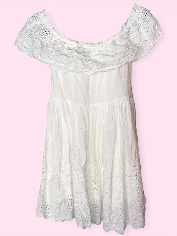 Lulus - White Eyelet Off Shoulder Babydoll Mini Dress Boho Cottagecore - Size XL - Image 2