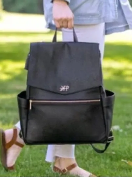 Freshly Picked Black Faux Leather Diaper Backpack with Gold Hardware Larger Size - Image 4