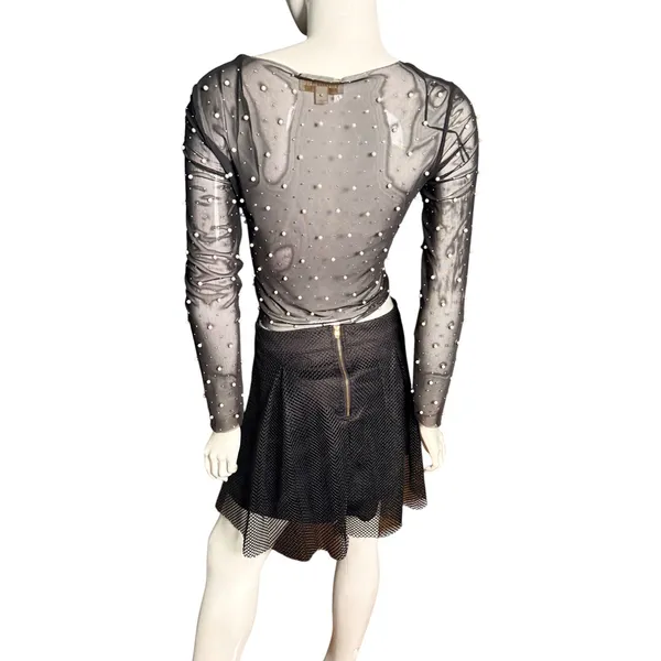 Thirty/Thirty LA Womens Black Sheer Mesh Pearl Embellished Crop Top Large - Image 3