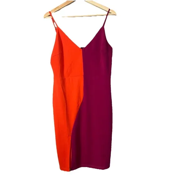 Lulus Perfect Duo Coral Red and Purple Color Block Bodycon Mini Dress Size Large - Image 3