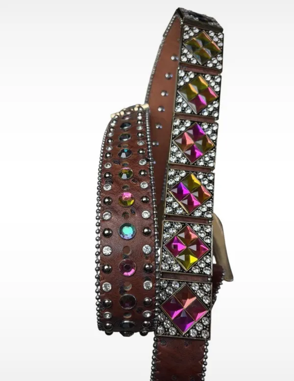West Star Texas Brown Leather Rhinestone Belt Chameleon Crystals Y2K Cowboy Core 41 inches - Image 4