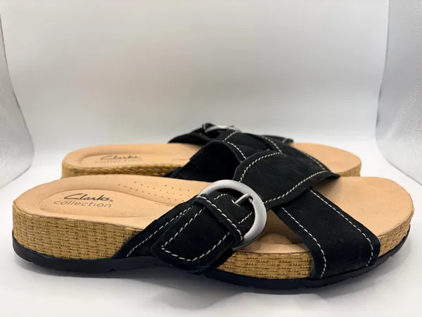 Clarks Collection Black Suede Wedge Slide Sandals Boho Casual Comfort Size 6.5 - Image 2