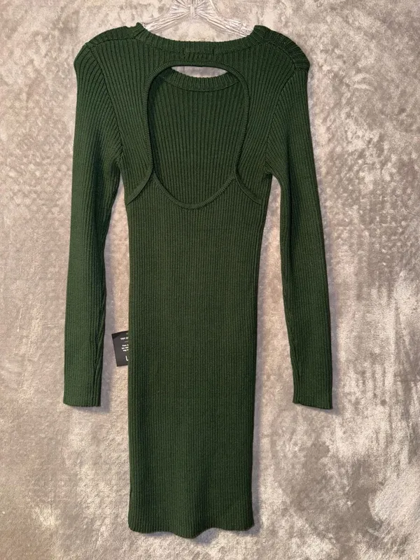 Lulus Dark Green Ribbed Knit Long Sleeve Open Back Bodycon Mini Sweater Dress - Image 9