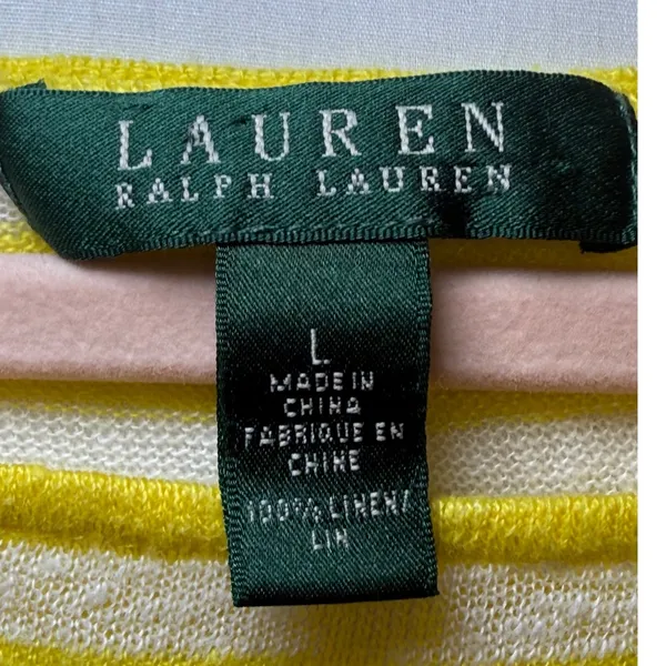 Lauren Ralph Lauren Yellow White Striped 100% Linen Knit Sweater Top Womens L‎ - Image 3