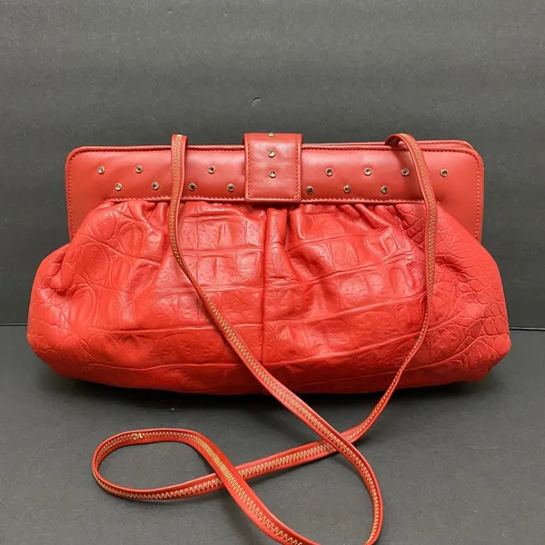 Vintage 90's Red Faux Alligator Shoulder Bag Purse Snap Puffy - Image 6
