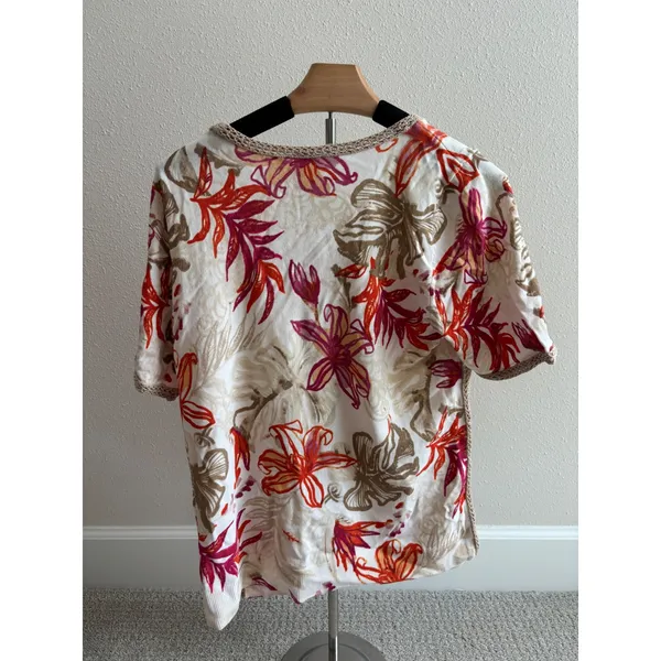 Chico's Tropical Floral Sweater Women‎ 1 M White Orange Crochet Trim Boho Resort - Image 2
