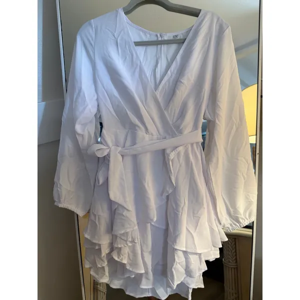 NEW Deep V-Neck Long Sleeve Belted Ruffle Mini Swing Dress S - Image 3