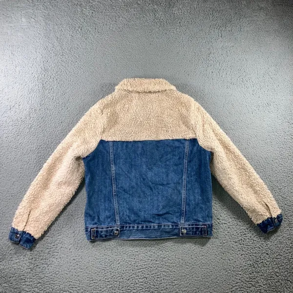 Topshop Denim Jacket Womens 6 Small Blue Cream Borg Fleece Mixed Media Trucker - Image 3
