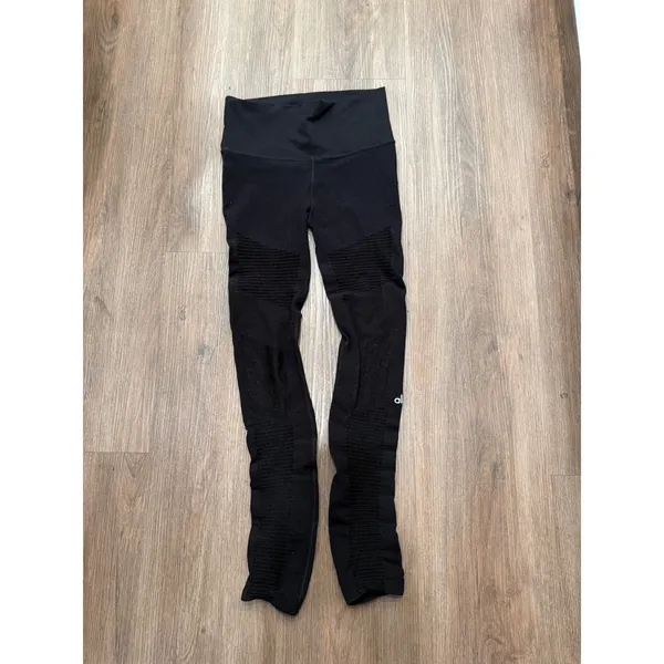 Alo Yoga Womens Black Moto High Waist Ribbed Mesh Inset Leggings Size Medium - Image 3