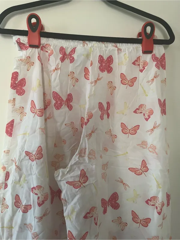 100% Cotton White Pink Butterfly Print Wide Leg Pajama Pants Medium Cottagecore - Image 6