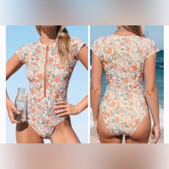 Cupshe Swimsuit Small Cap Sleeve Orange Floral One Piece Swim Bathing Sz… - Image 2