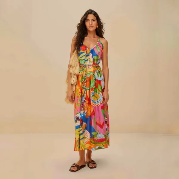 Farm Rio Summer Picnic Midi Dress Small Belted Cotton Sleeveless Tropical - Image 4