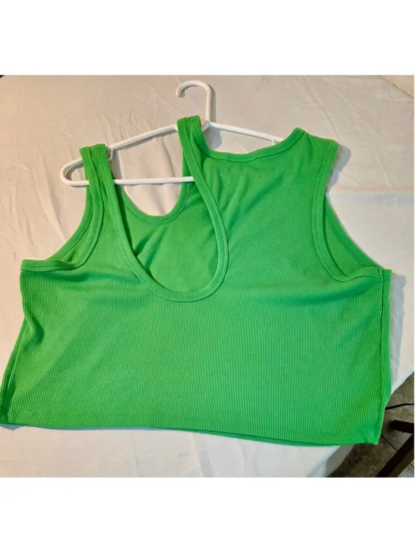 Cutout One Shoulder Ribbed Knit Sleeveless Crop Top Bright Kelly Green Large W-2 - Image 2