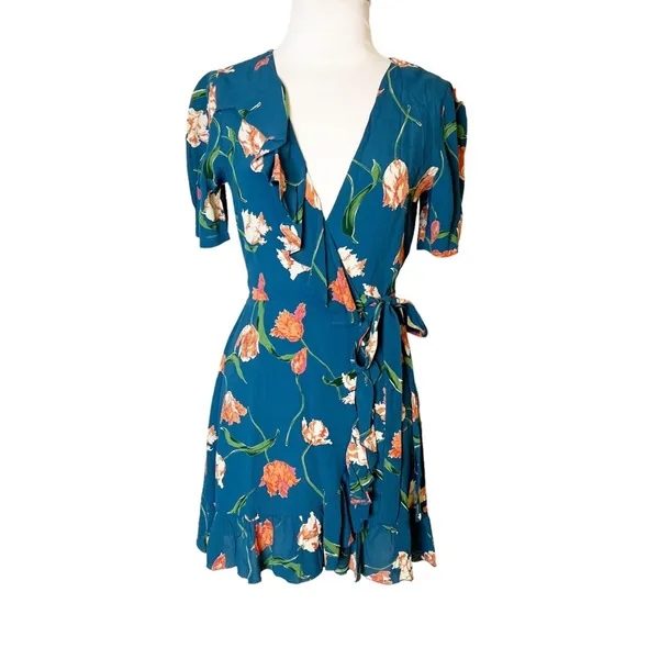 Privacy please revolve floral faux wrap dress blue‎ sz XS - Image 3