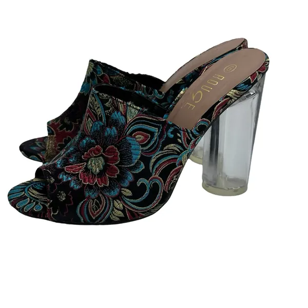Rouge Helium Clear Heeled Mules Floral Embroidered Heels Open Toe‎ Size 6 - Image 4