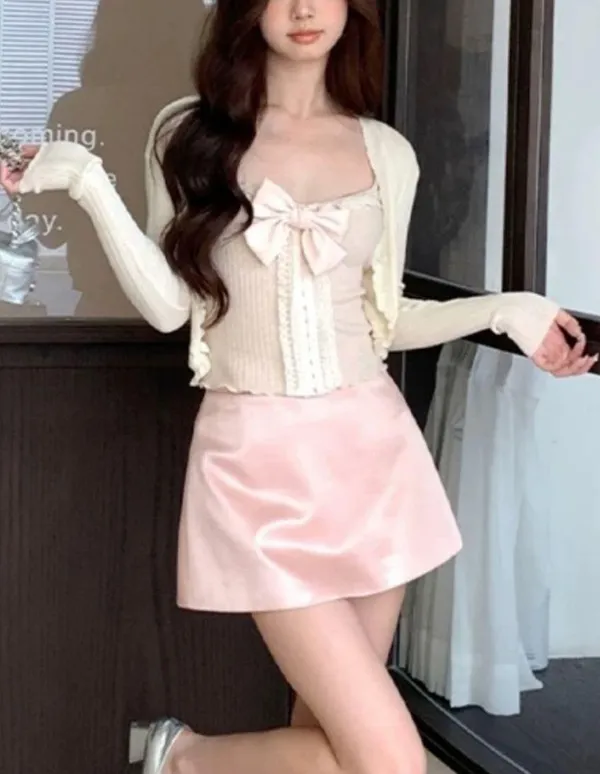 Japanese Kawaii Style Pastel Pink White Ruffle Stretchy Bow Ribbon Tank Top - Image 2