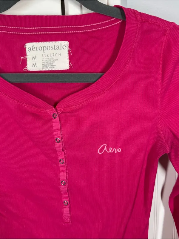 Y2K Preppy Aeropostale Long Sleeve Henley‎ Shirt Pink Slub Knit Size Medium - Image 2