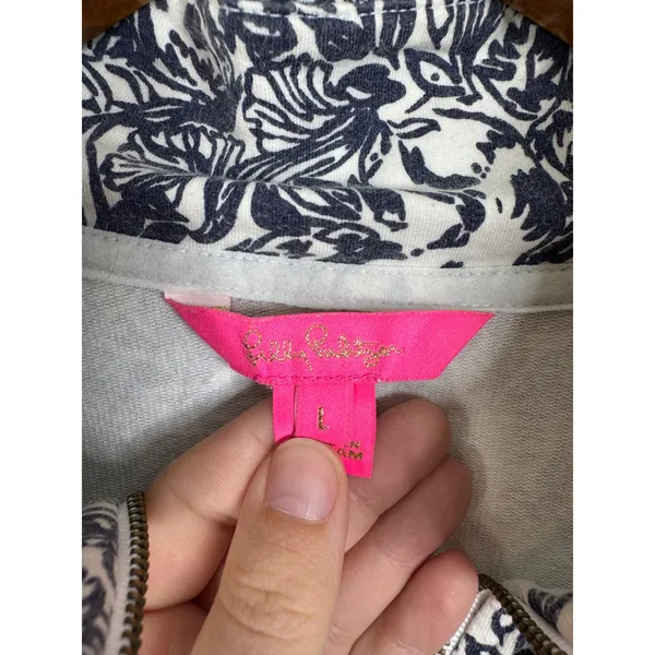Lilly Pulitzer Skipper Popover Navy White Koala Floral Half Zip Sweatshirt L - Image 3