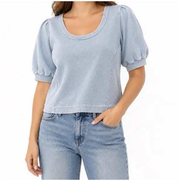 Aerie Seams Right Puff Sleeve Crop Top Medium Heather Gray Grey Athleisure - Image 3