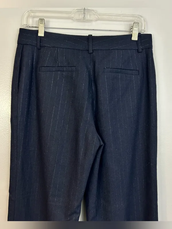Equiptment Navy Blue Wool Blend Metallic Pinstripe Wide Leg Trouser Pants Sie 6 - Image 6