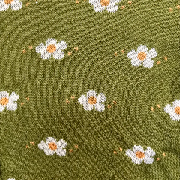 Cider Olive Green Floral Knit Collared Short-Sleeve Scalloped Button Crop Top - Image 3