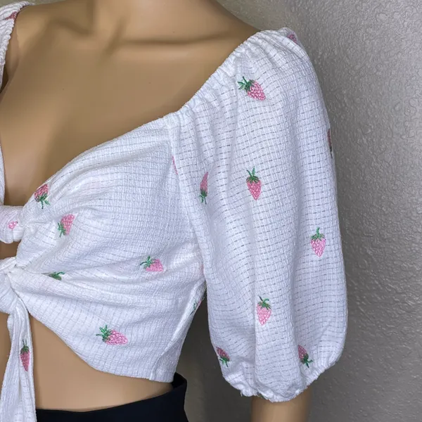 Strawberry Printed 5/8 Sleeve Waist Tie Crop Top White Pink Large - Image 6