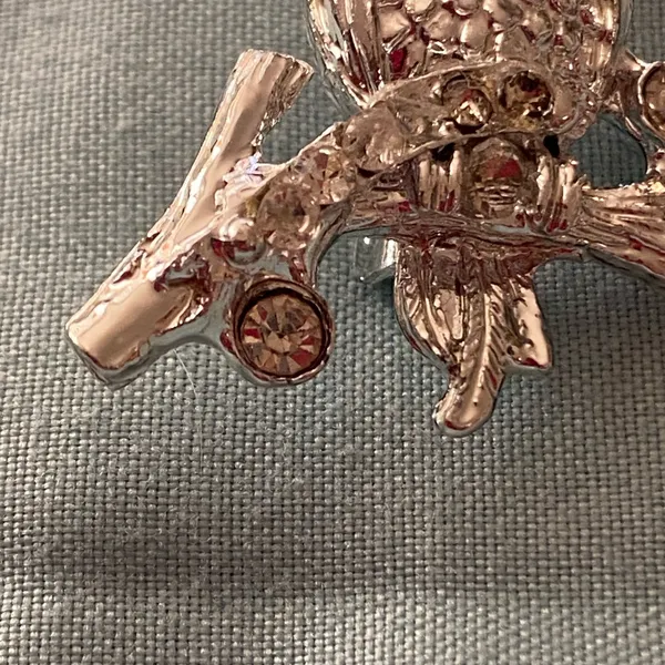 Owl On Branch Brooch Pin 125” H Silver Tone Pink Stones - Image 2