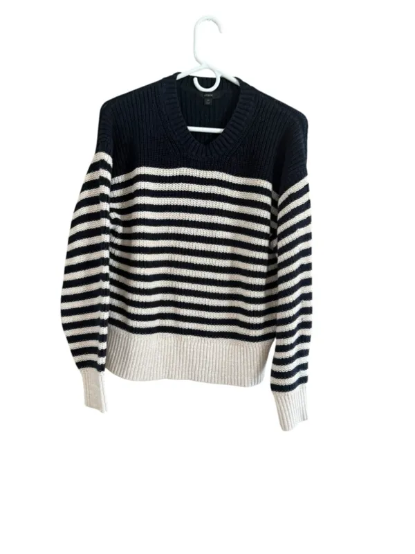 Women's J.Crew Striped V-Neck Sweater, Size M, Black and Beige - Image 8