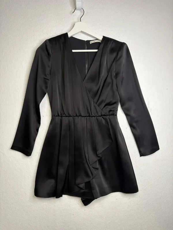Alice + Olivia Demo Long Sleeve Satin Romper with Ruffle Detail - Image 4