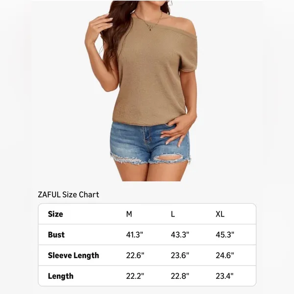NEW ZAFUL Tan Off shoulder Tunic Short Sleeve Sweater L - Image 4