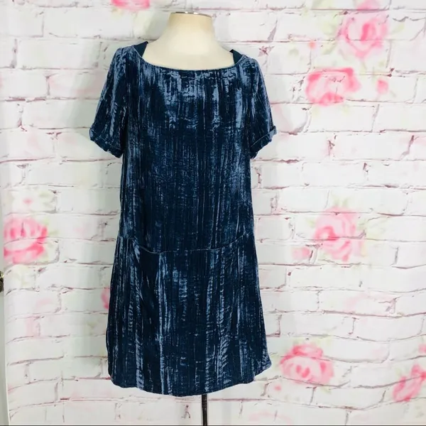 Floreat short sleeve blue crinkle velvet shift drs - Image 4