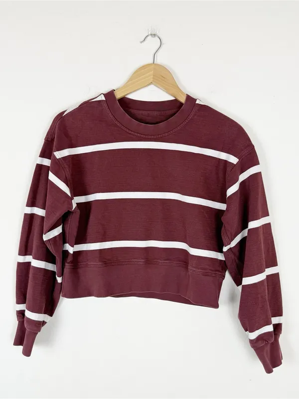Lululemon Perfectly Oversized Cropped Crew Maroon White Striped Sweatshirt - Image 2