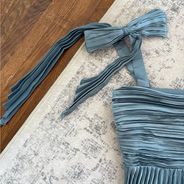 Lulus Gorgeous Purpose Slate Satin Pleated Sleeveless Bow Maxi Dress Size Medium - Image 10