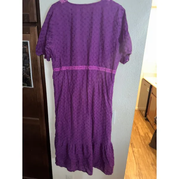 Ulla Popken Purple Eyelet Cotton Midi Dress‎ Lace Trim A-Line 82212 Womens M - Image 4