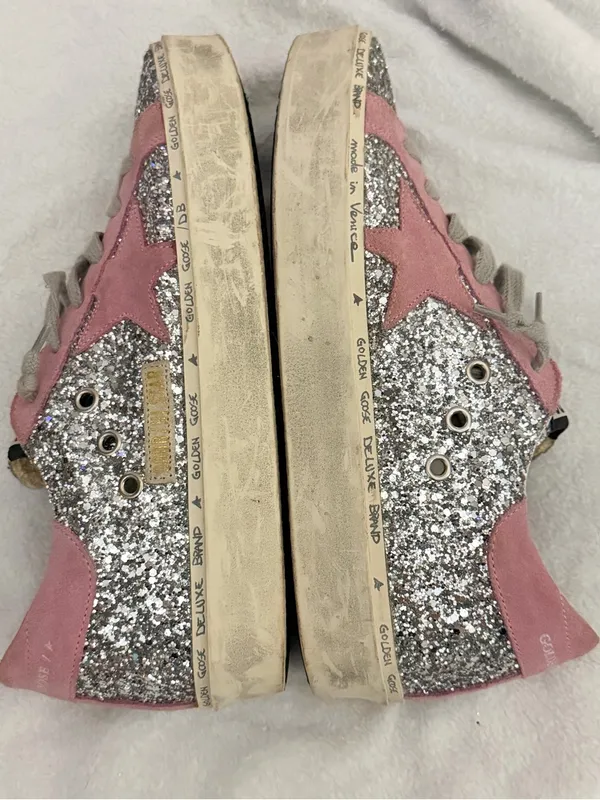 Golden Goose Hi Star Sneakers - Silver Glitter & Pink Suede Star (Size 38) - Image 16